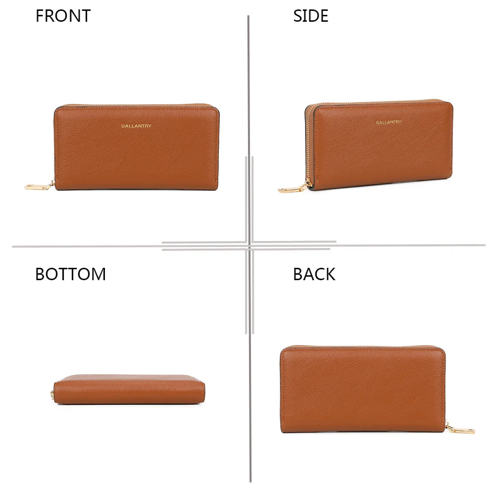 Le Thaïs Zip marron sous quatre angles : face, profil, dessous et dos de ce portefeuille zippé
