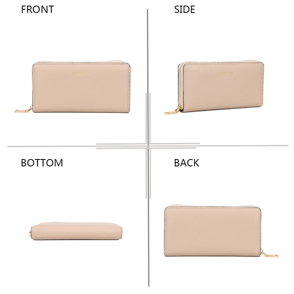 Le Thaïs Zip taupe sous quatre angles : face, profil, dessous et dos de ce portefeuille zippé