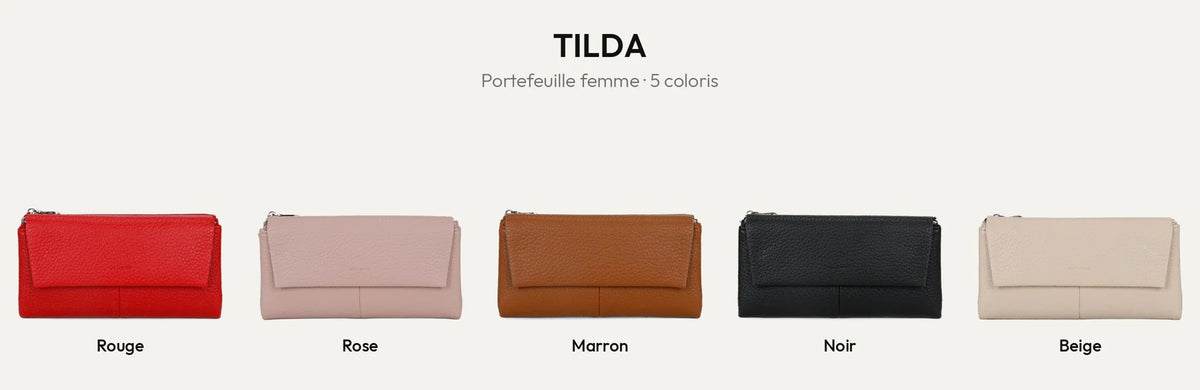 Portefeuille Tilda en simili cuir grainé, 5 coloris : rouge, rose, marron, noir et beige – Gallantry Paris – réf. FD-81006