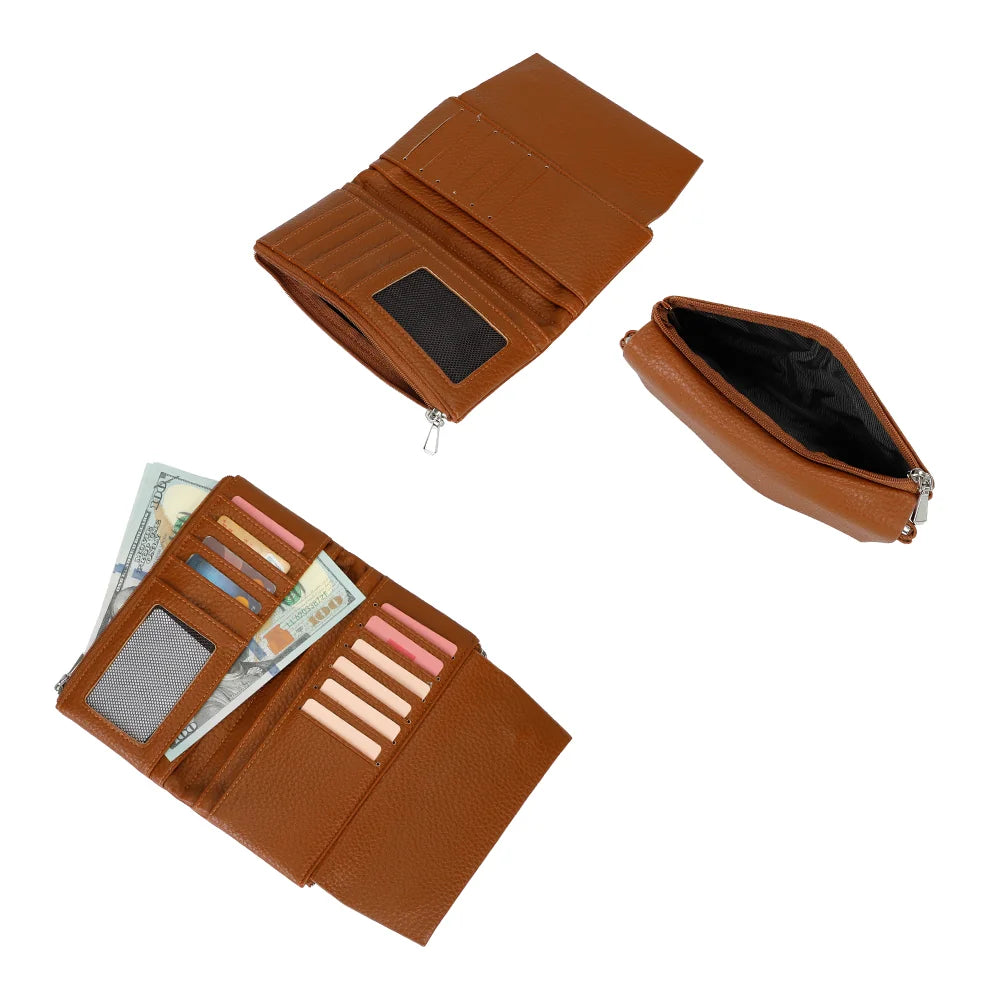 Intérieur du portefeuille Tilda marron : cartes, billets, fenêtre d’identité et poche zippée – réf. FD-81006