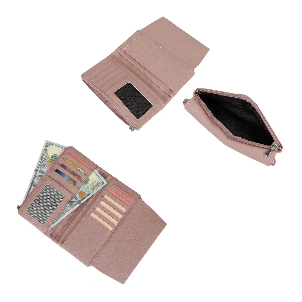 Intérieur du portefeuille Tilda rose : cartes, billets, fenêtre d’identité et poche zippée – réf. FD-81006