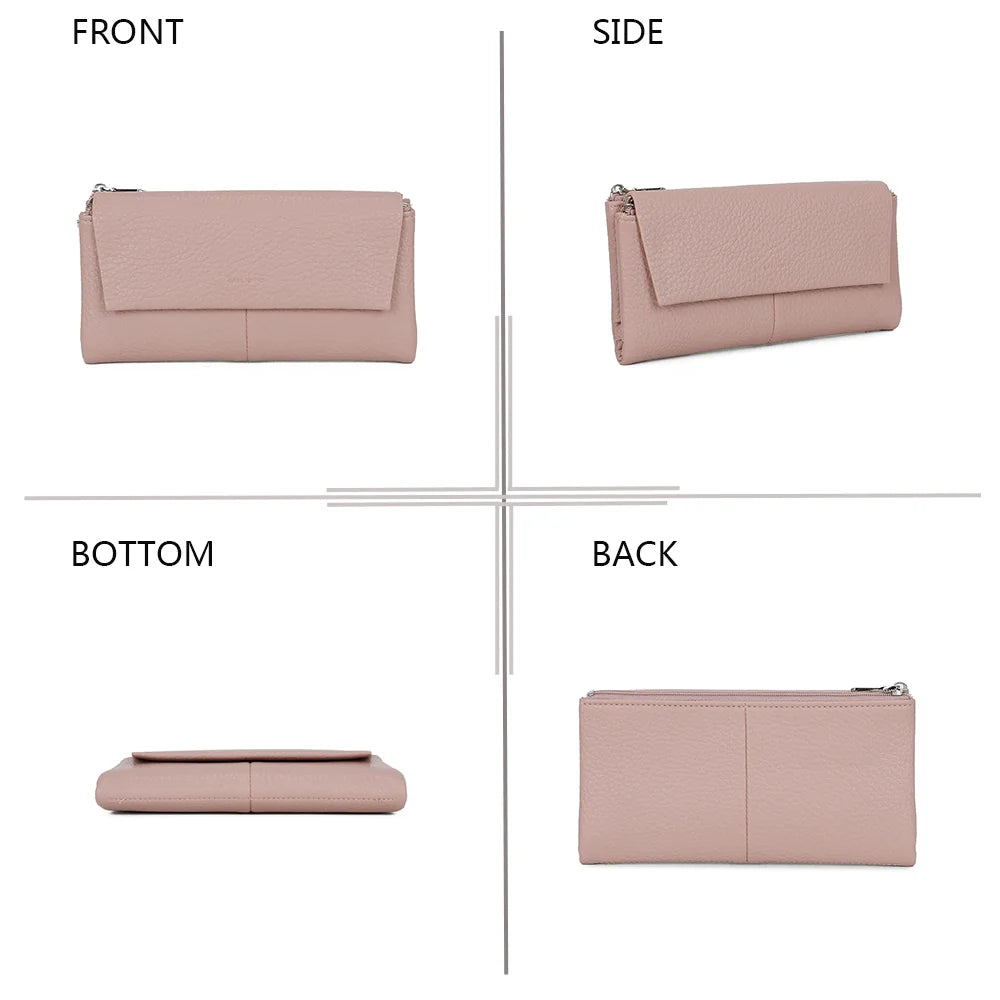 Portefeuille Tilda rose sous quatre angles : face, profil, dessous et dos en simili cuir grainé – réf. FD-81006