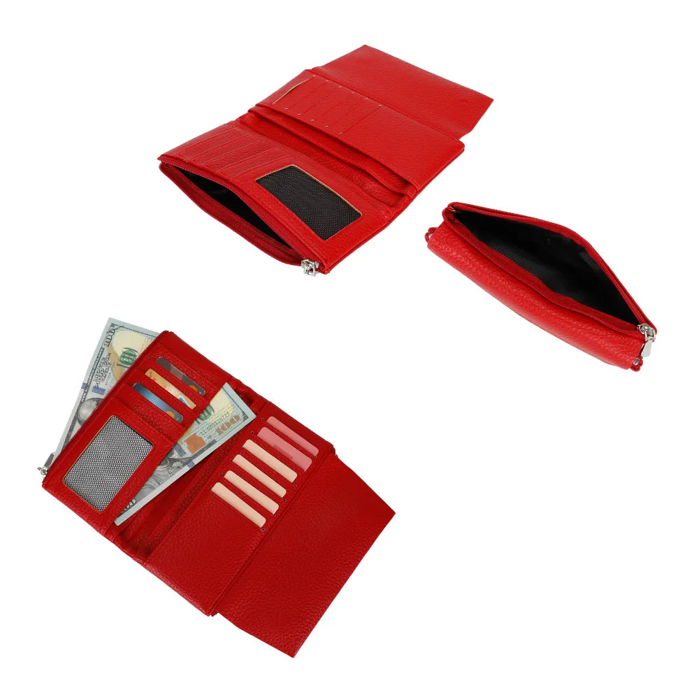 Intérieur du portefeuille Tilda rouge : cartes, billets, fenêtre d’identité et poche zippée – réf. FD-81006