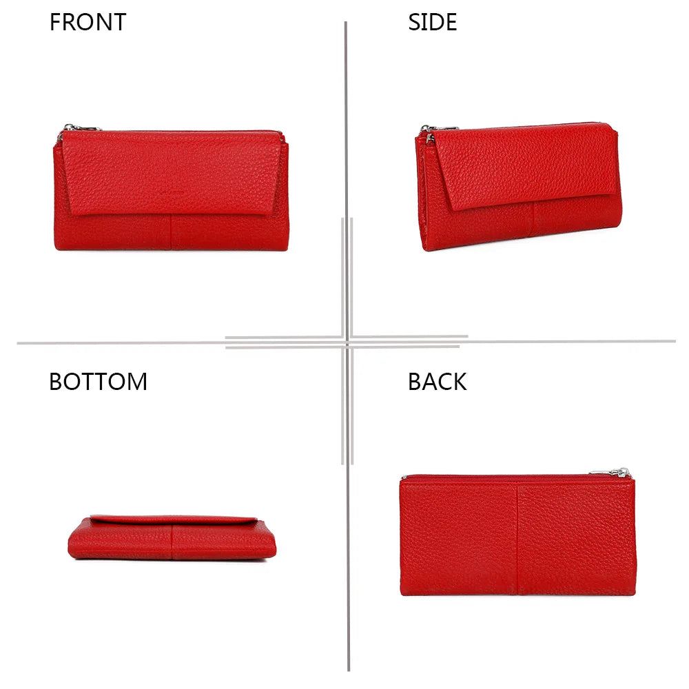 Portefeuille Tilda rouge sous quatre angles : face, profil, dessous et dos en simili cuir grainé – réf. FD-81006