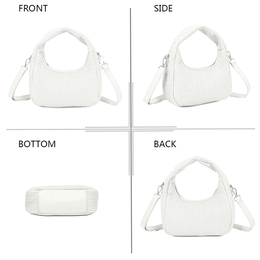 Tressia blanc sous quatre angles : face, profil, dessous et dos du sac tressé – réf. A-9124