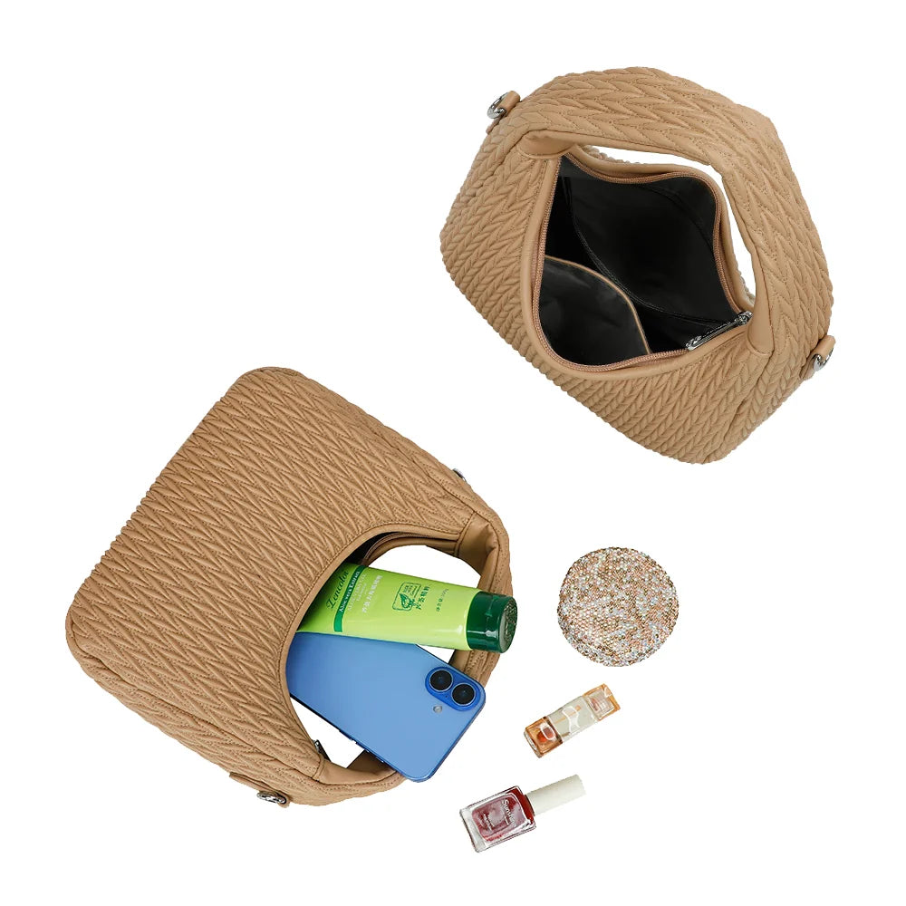Intérieur du Tressia taupe : compartiment zippé pour téléphone, soins et petits accessoires – réf. A-9124