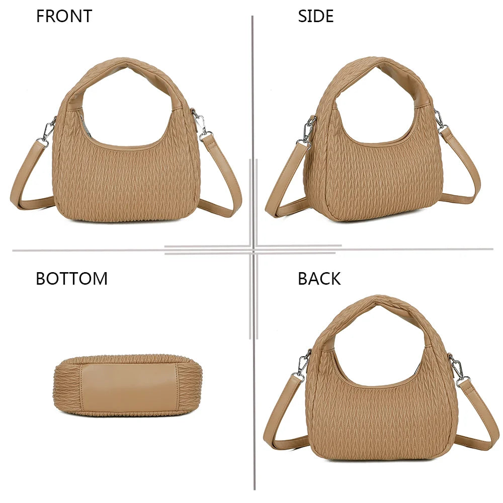 Tressia taupe sous quatre angles : face, profil, dessous et dos du sac tressé – réf. A-9124
