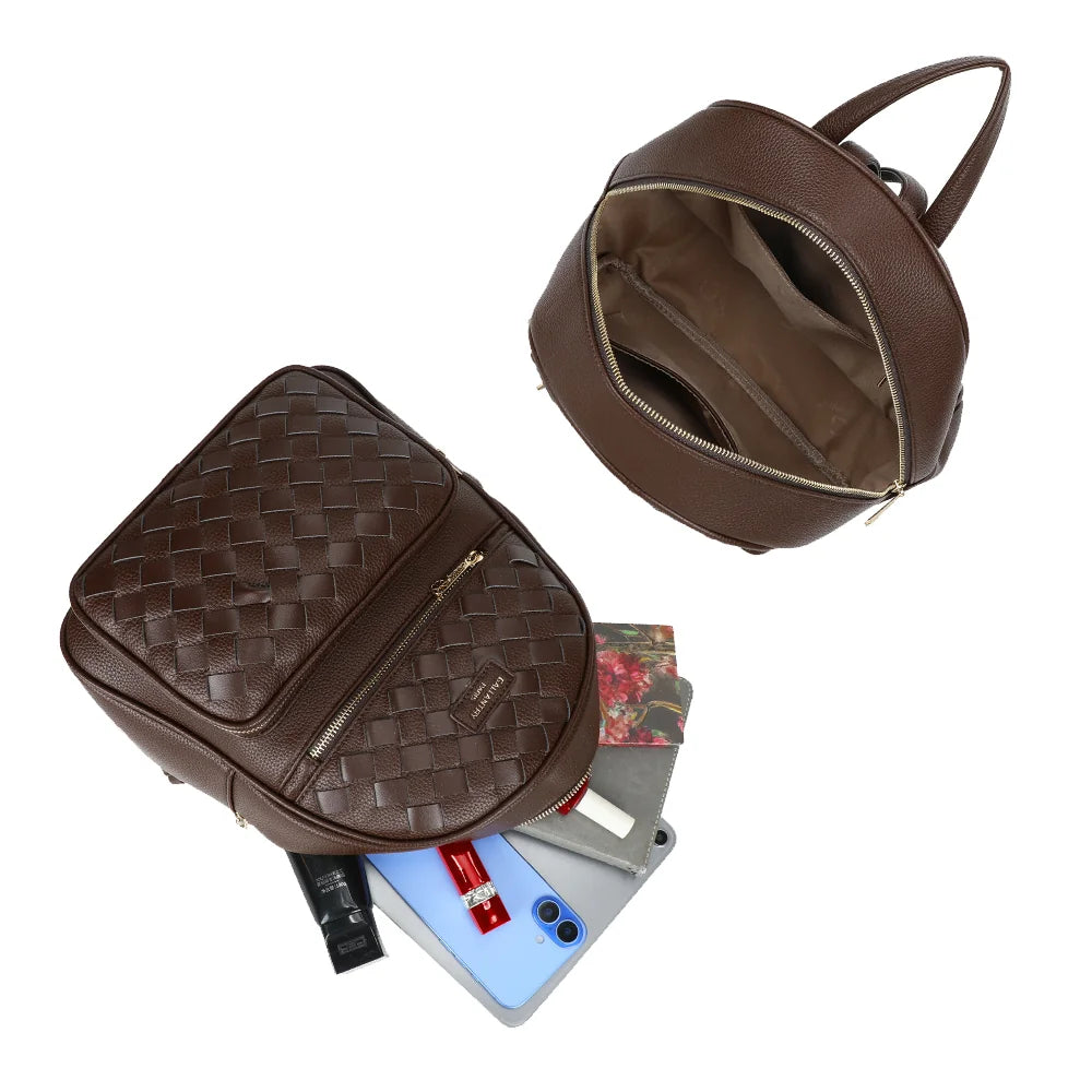 Intérieur zippé du sac à dos Urban Tressage café : carnet, smartphone et petite tablette y trouvent leur place – réf. DG-5813
