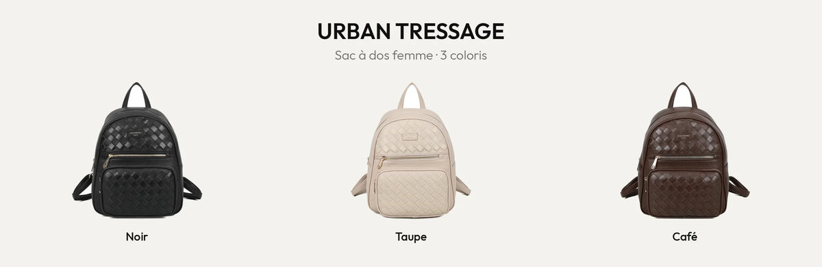 Sac à dos femme Urban Tressage en simili cuir grainé tressé, coloris Noir, Taupe et Coffee – Gallantry Paris – réf. DG-5813