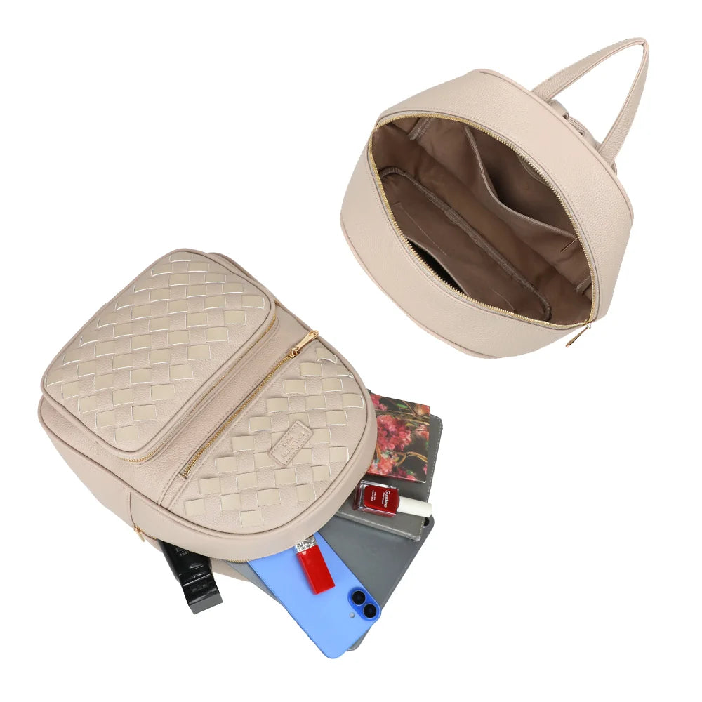 Intérieur zippé du sac à dos Urban Tressage taupe : carnet, smartphone et petite tablette y trouvent leur place – réf. DG-5813