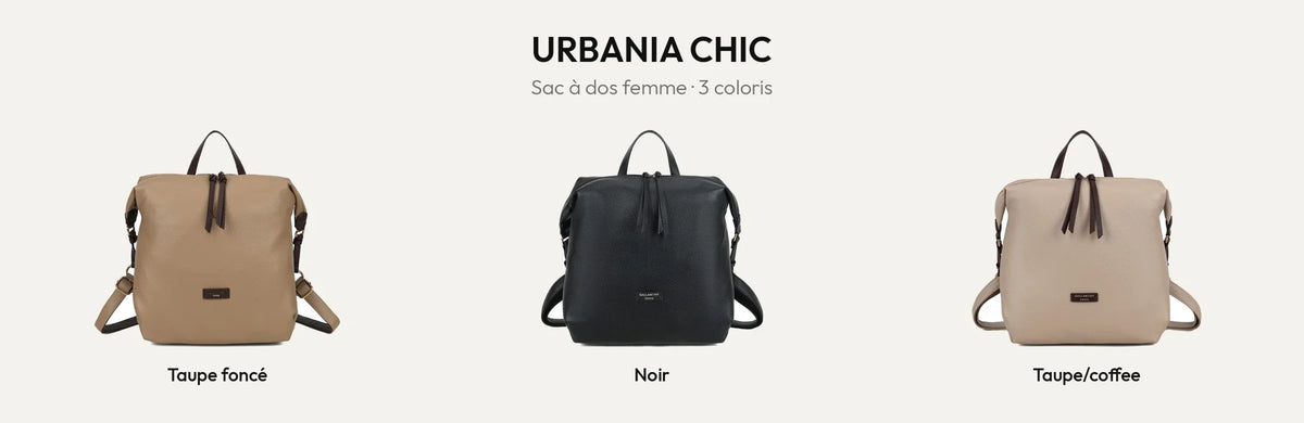 Sac à dos femme Urbania Chic en 3 coloris : taupe foncé et café, noir, taupe et café – Gallantry Paris – réf. JC-53007