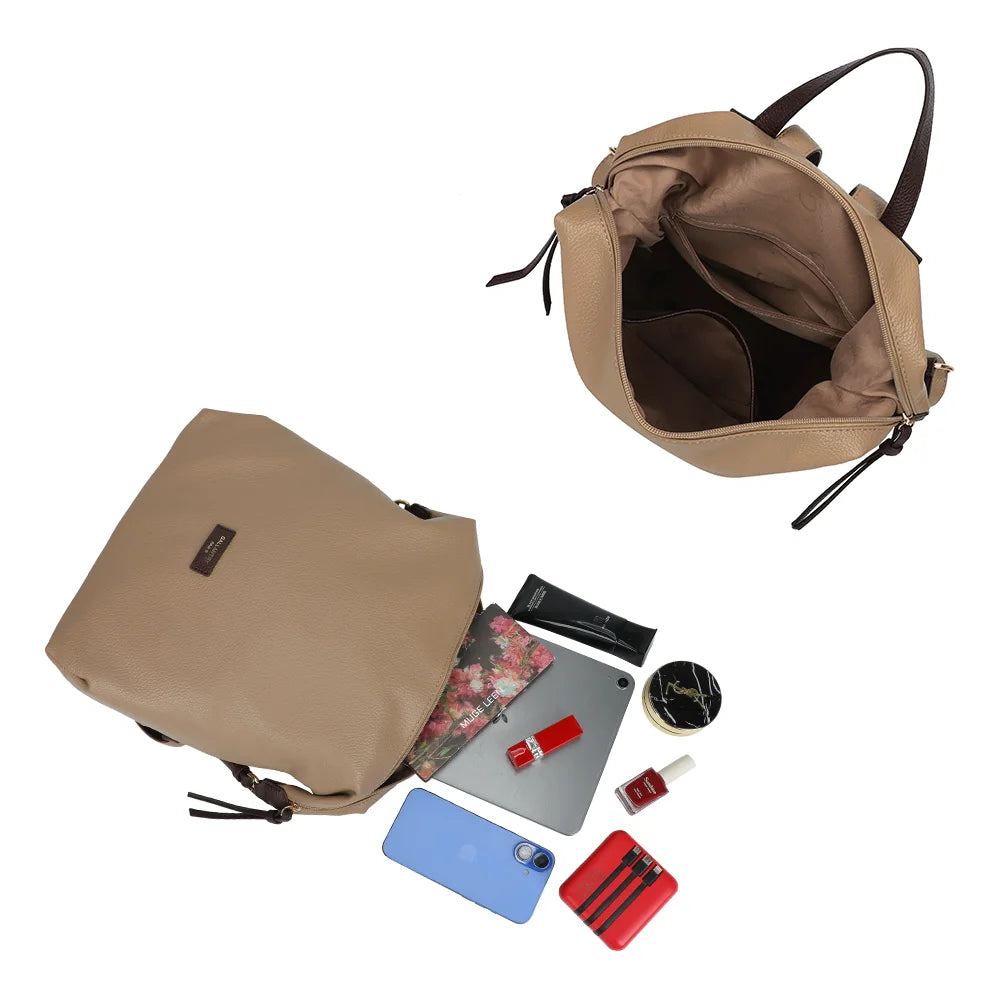 Intérieur de l’Urbania Chic taupe foncé : plusieurs compartiments pour tablette, téléphone et essentiels – réf. JC-53007