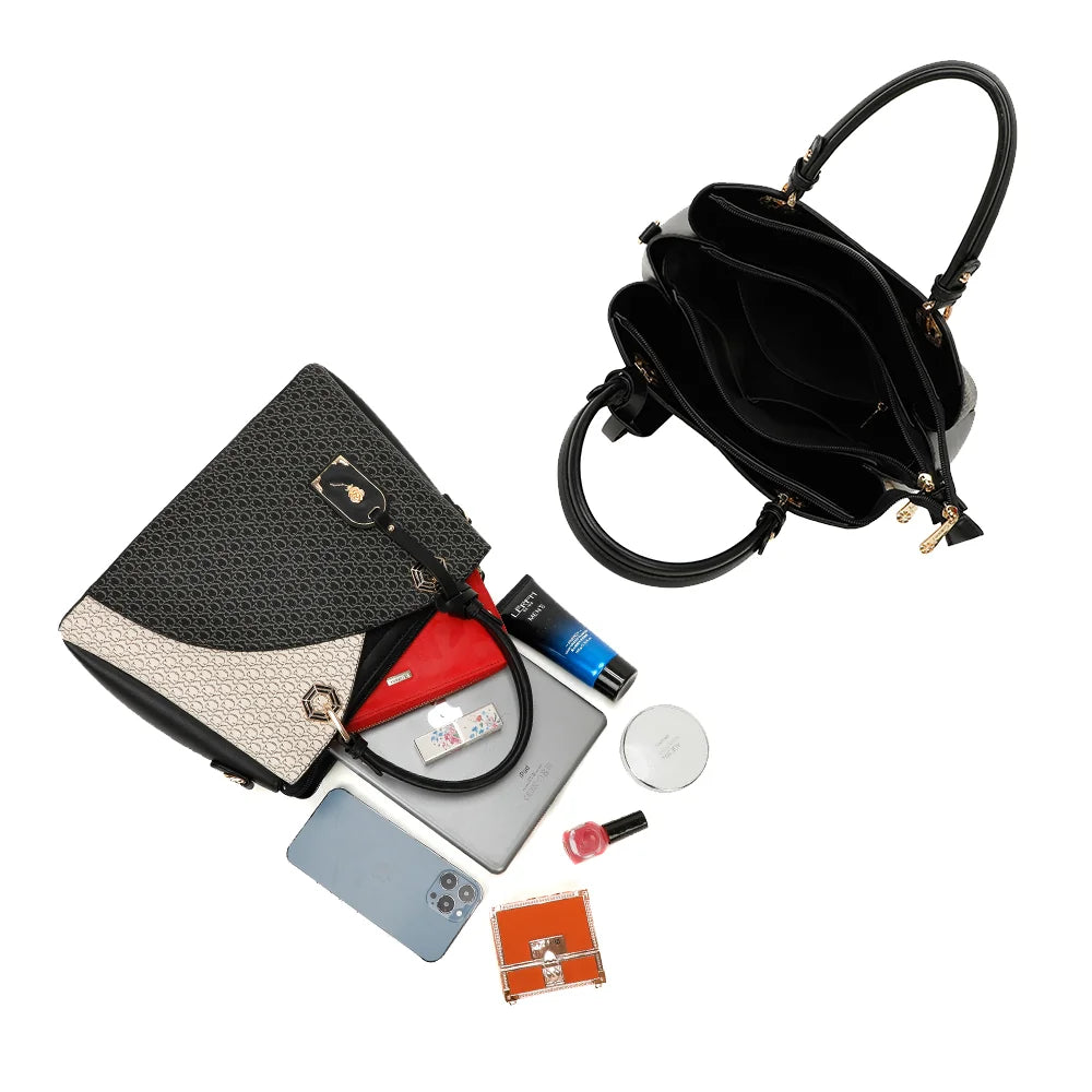 Intérieur du Valentina noir/beige : plusieurs compartiments dont un compartiment central zippé – réf. DQ-8684