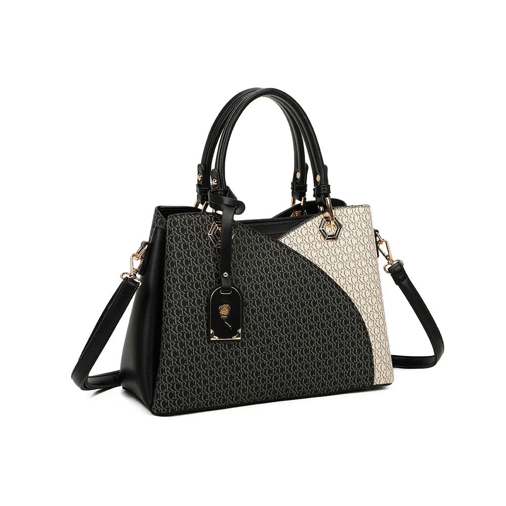 Valentina noir/beige vu de trois quarts : ses côtés unis contrastés et ses anneaux hexagonaux dorés – réf. DQ-8684
