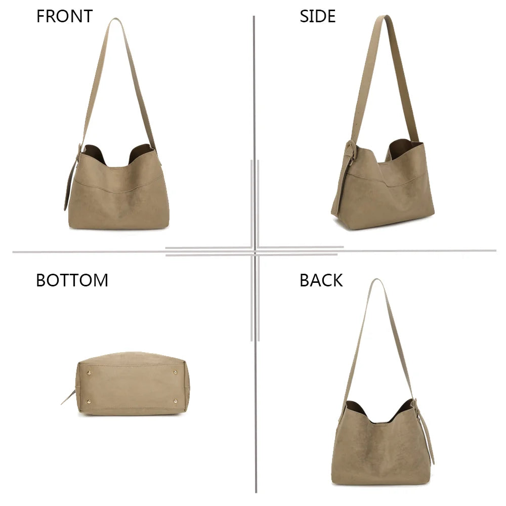 Le Vanys taupe foncé sous quatre angles : face, côté, dessous et dos du sac hobo – réf. R-2018