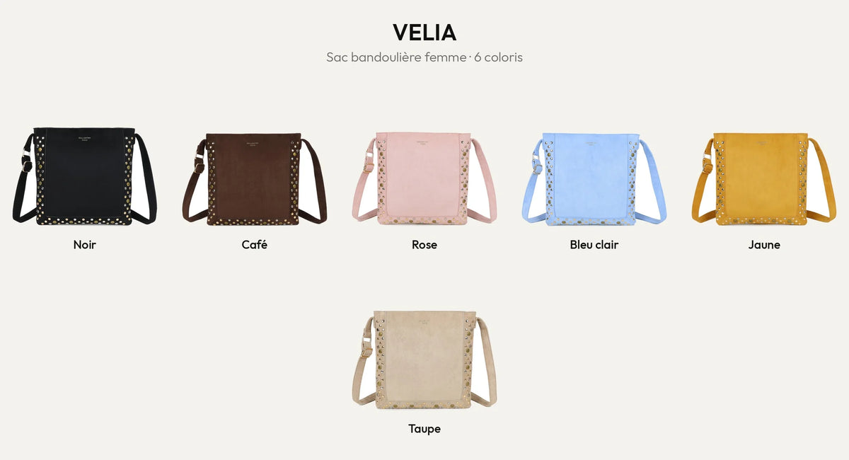 Sac bandoulière femme Velia clouté en 6 coloris : noir, coffee, rose, bleu clair, jaune et taupe – Gallantry Paris – réf. JC-53004