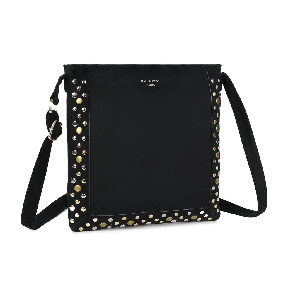 Velia noir vu de trois quarts : silhouette plate et bandoulière réglable à boucle dorée – réf. JC-53004