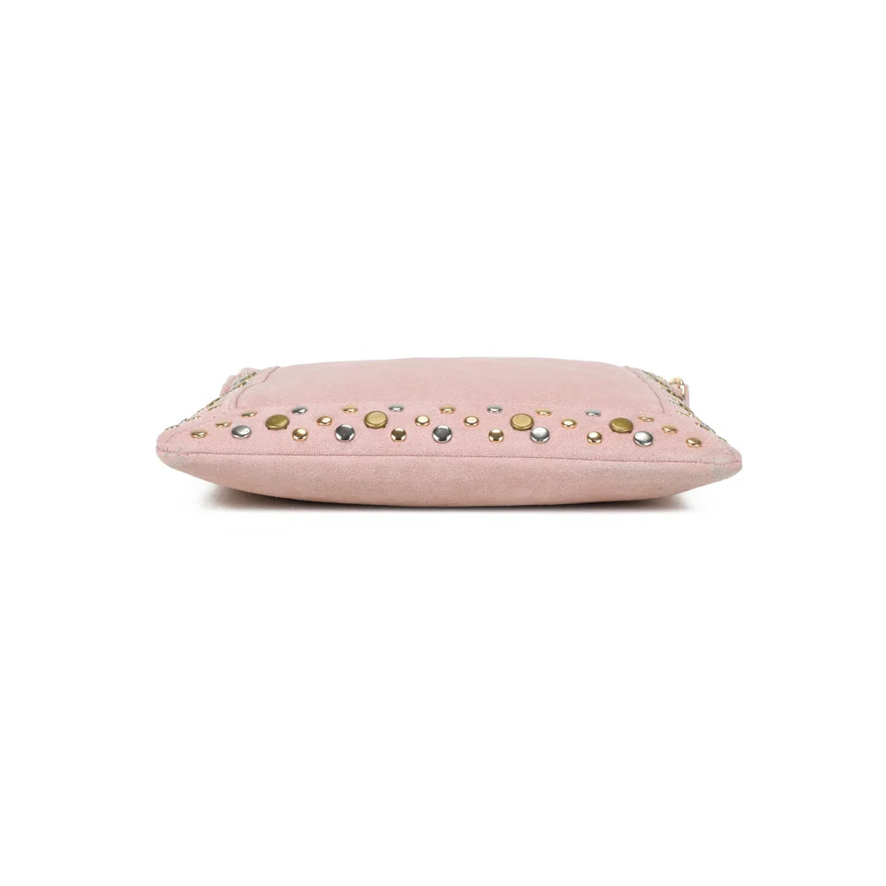 Dessous du sac Velia rose, bas de la face avant orné de clous dorés et argentés – réf. JC-53004