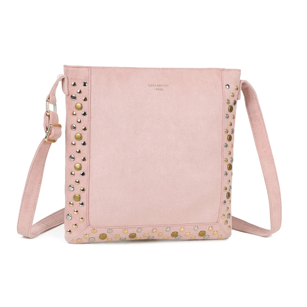 Velia rose vu de trois quarts : silhouette plate et bandoulière réglable à boucle dorée – réf. JC-53004