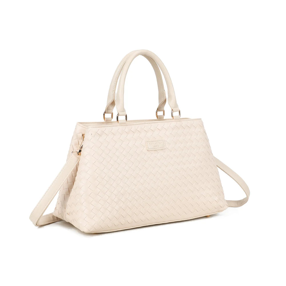 Velmora beige vu de trois quarts : silhouette trapèze structurée et tressage sur toute la surface – réf. DG-5819