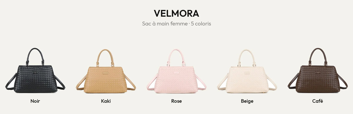 Sac à main femme tressé Velmora en 5 coloris : Noir, Khaki, Rose, Beige, Coffee – Gallantry Paris – réf. DG-5819