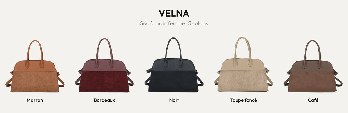 Sac à main Velna en cinq coloris : Marron, Bordeaux, Noir, Taupe foncé et Coffee – Gallantry Paris – réf. M-9444