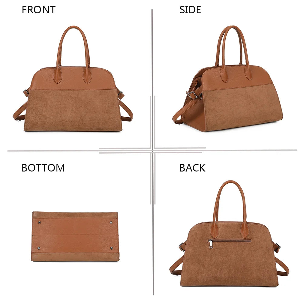 Velna marron sous quatre angles : face, côté, dessous et dos avec poche zippée – réf. M-9444