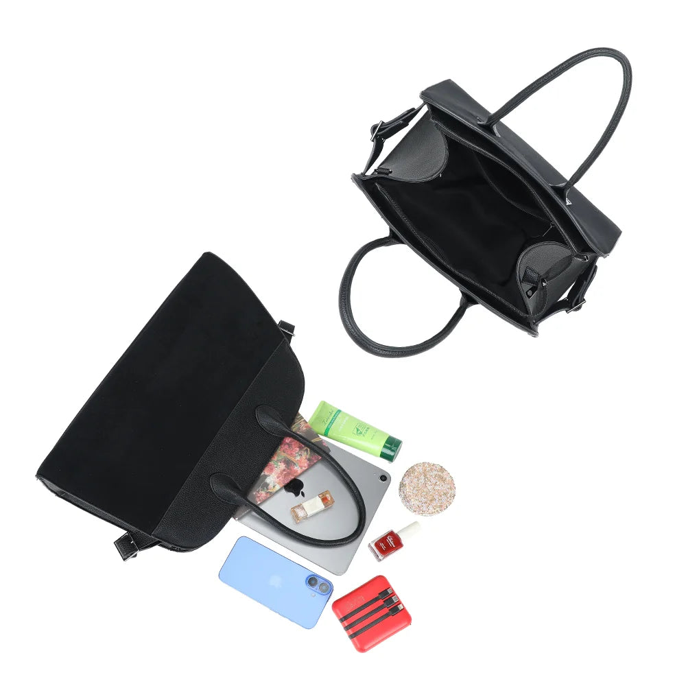 Intérieur spacieux du Velna noir : tablette, téléphone et essentiels beauté y trouvent leur place – réf. M-9444