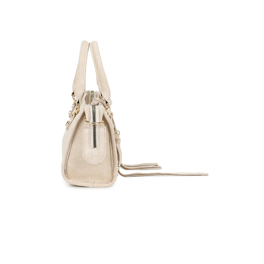 Profil du Velora beige : patte latérale et anneau doré pour la bandoulière amovible – réf. KJ-62088