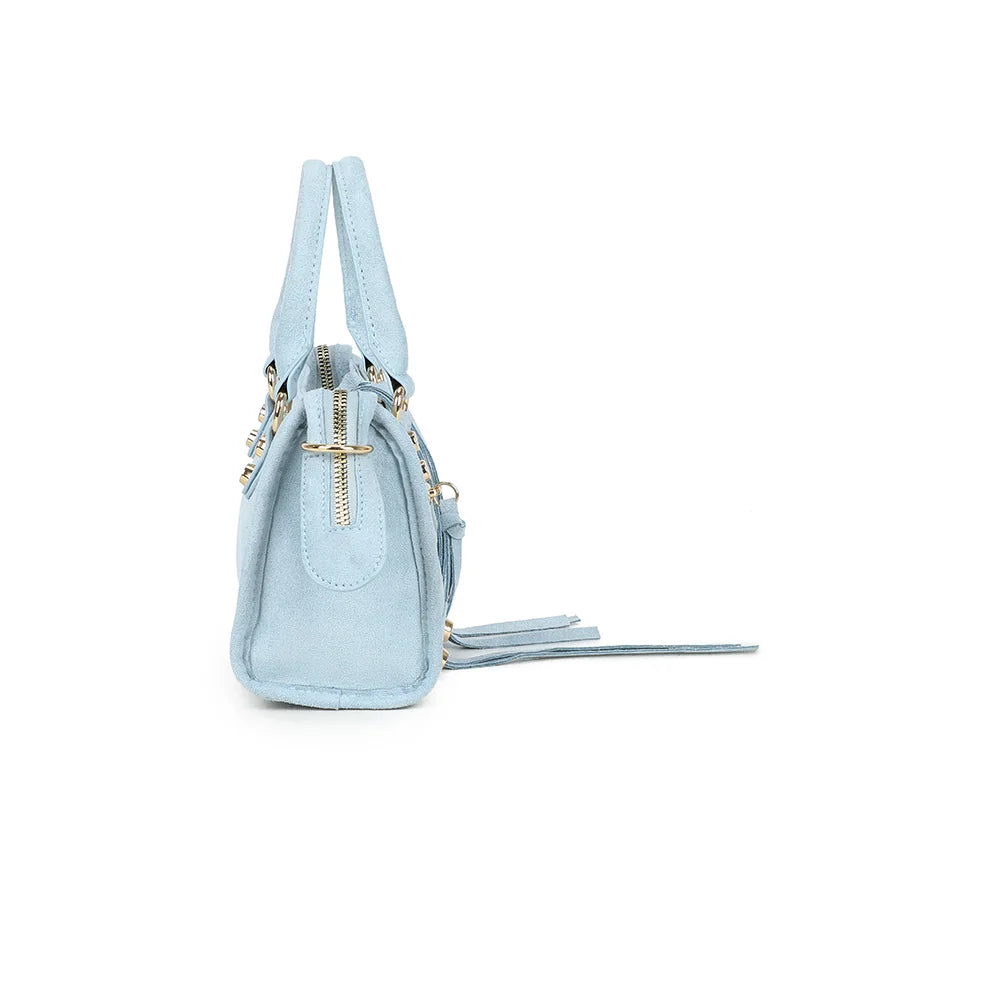 Profil du Velora bleu clair : patte latérale et anneau doré pour la bandoulière amovible – réf. KJ-62088