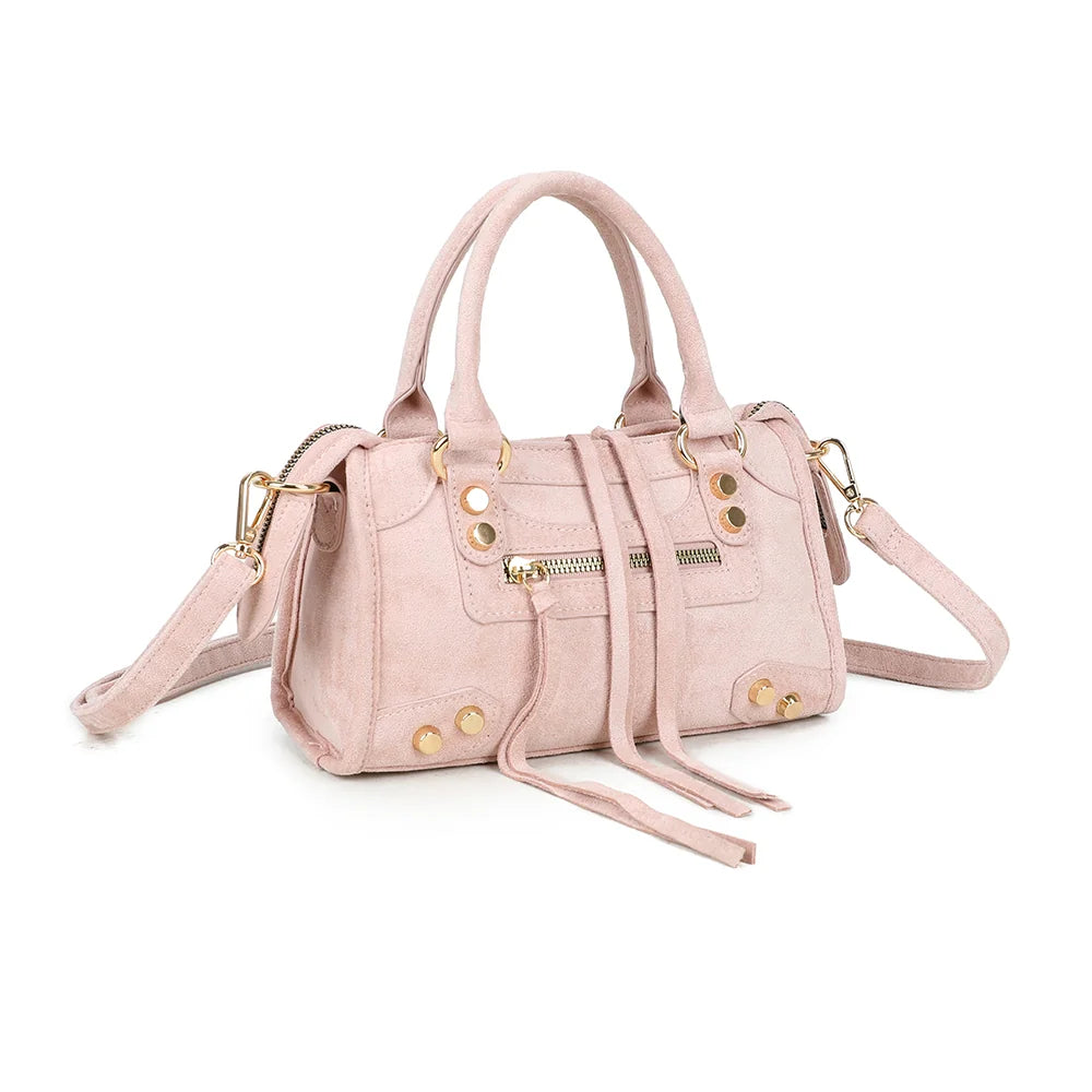 Velora rose de trois quarts : lanières décoratives et pattes latérales à anneaux dorés – réf. KJ-62088