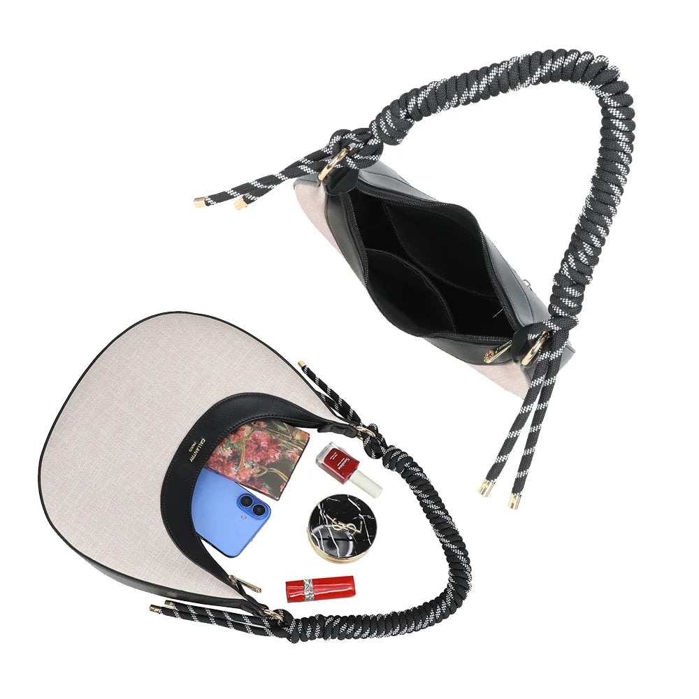 Intérieur du Vena beige/noir : ouverture zippée et poches plaquées pour le téléphone et les petits essentiels – réf. A-9161