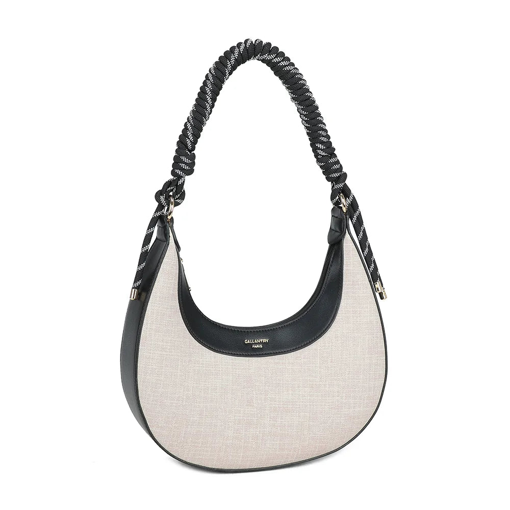 Vena beige/noir vu de trois-quarts : silhouette demi-lune et finitions synthétiques lisses contrastées – réf. A-9161