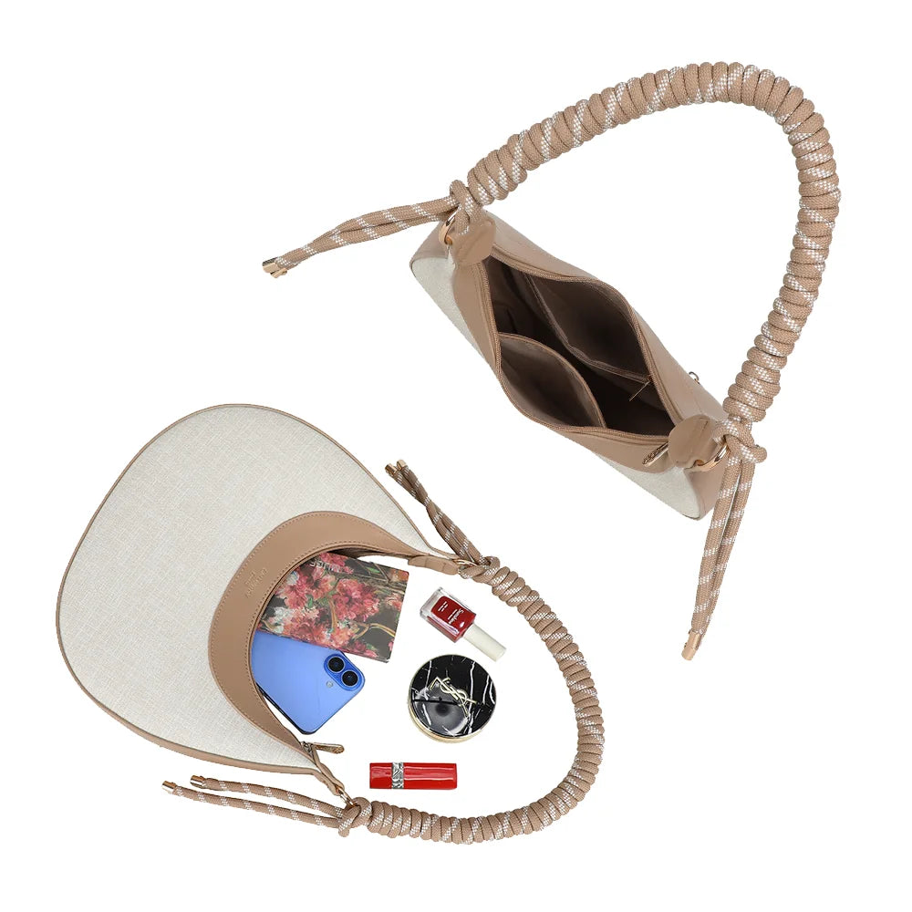 Intérieur du Vena beige/taupe : ouverture zippée et poches plaquées pour le téléphone et les petits essentiels – réf. A-9161