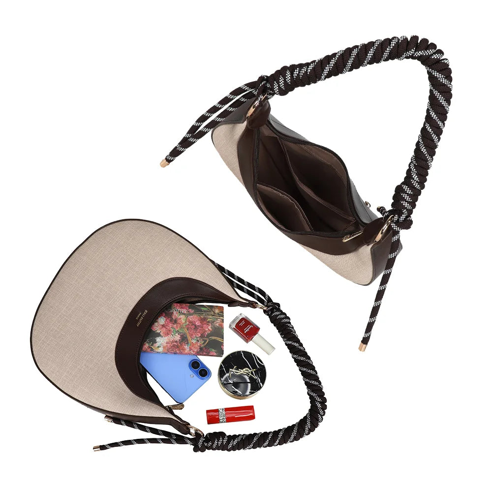 Intérieur du Vena taupe/coffee : ouverture zippée et poches plaquées pour le téléphone et les petits essentiels – réf. A-9161