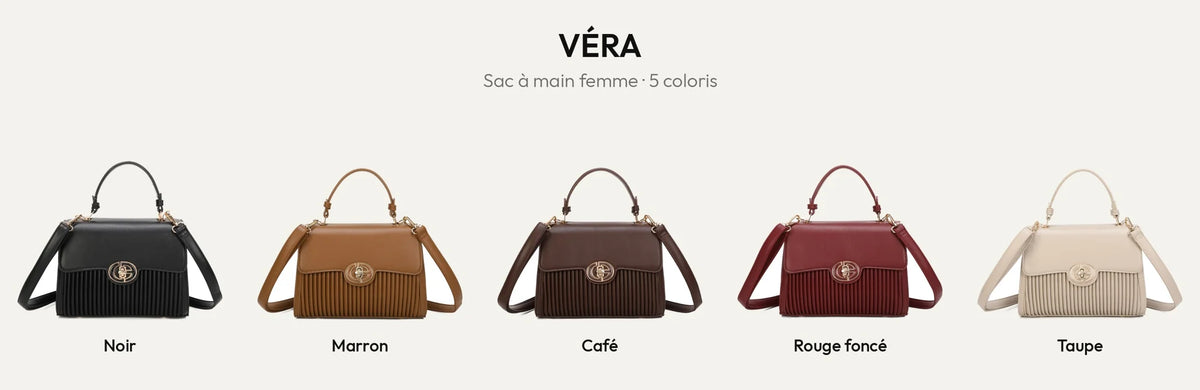 Sac à main femme Véra à rabat plissé en 5 coloris : Noir, Marron, Coffee, Rouge Foncé et Taupe – Gallantry Paris – réf. R-1969-1