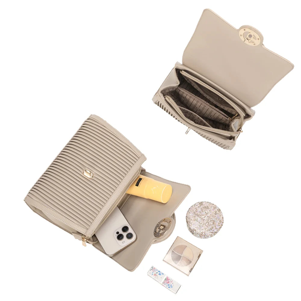 Intérieur du sac Véra taupe : compartiment principal et poches pour téléphone et essentiels – réf. R-1969-1