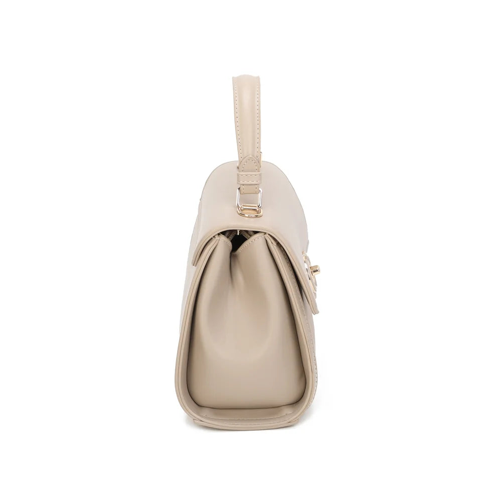 Profil du sac Véra taupe : soufflet latéral lisse et silhouette compacte bien structurée – réf. R-1969-1