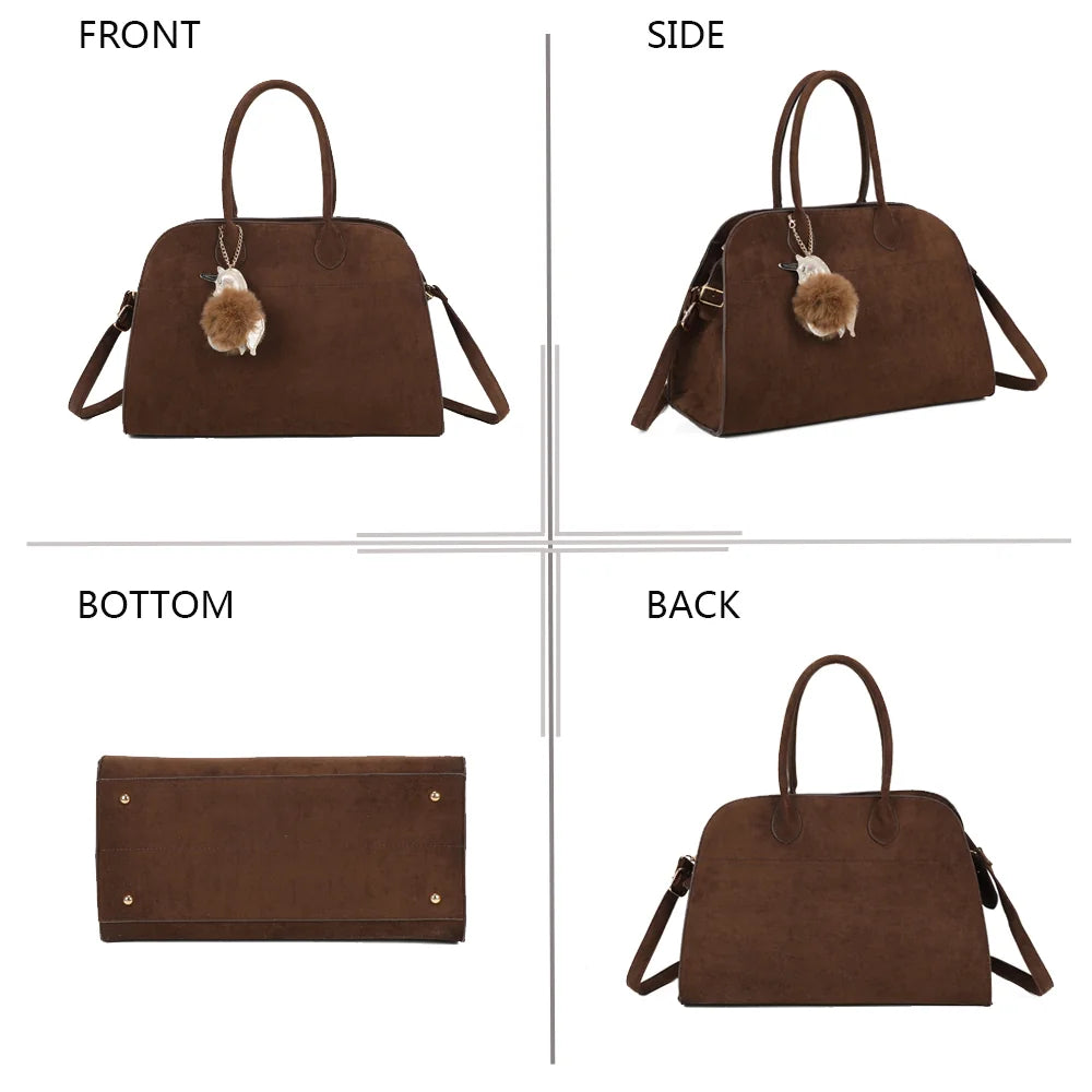 Vera Velours café sous quatre angles : face, côté, dessous et dos de ce sac en velours – réf. R-9444-2
