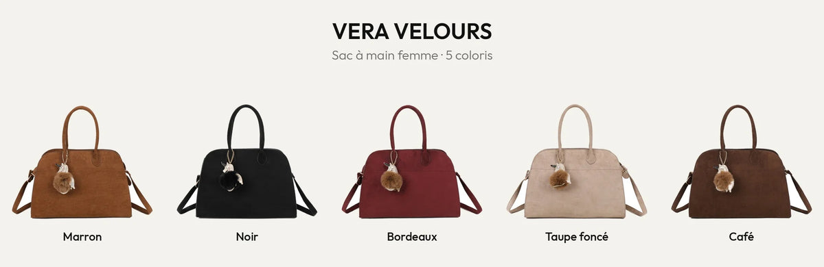 Sac à main Vera Velours en velours : les 5 coloris Marron, Noir, Bordeaux, Taupe foncé et Coffee – Gallantry Paris – réf. R-9444-2