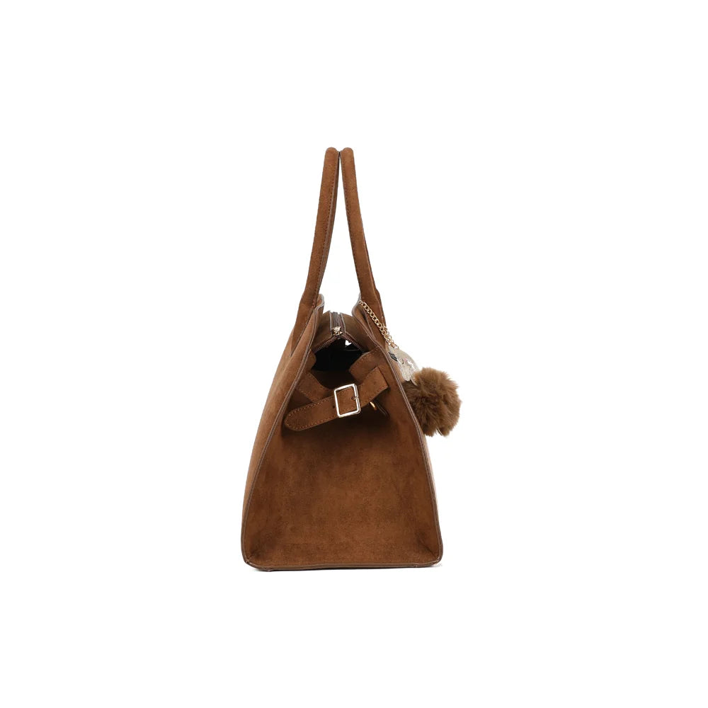 Profil du Vera Velours marron : patte latérale à boucle dorée pour fixer la bandoulière amovible – réf. R-9444-2