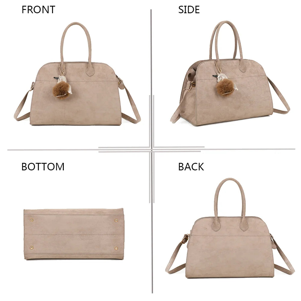 Vera Velours taupe foncé sous quatre angles : face, côté, dessous et dos de ce sac en velours – réf. R-9444-2