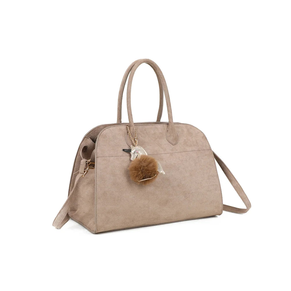 Vera Velours taupe foncé de trois quarts : lignes arrondies structurées et bijou licorne sur chaînette dorée – réf. R-9444-2