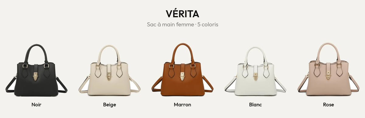 Sac à main femme Vérita en simili cuir grainé, 5 coloris : noir, beige, marron, blanc et rose – Gallantry Paris – réf. DQ-8663