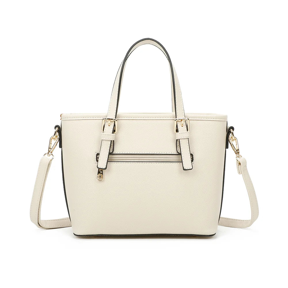 Dos du sac Veya beige, forme structurée et surface synthétique à fine texture saffiano – réf. M-9426
