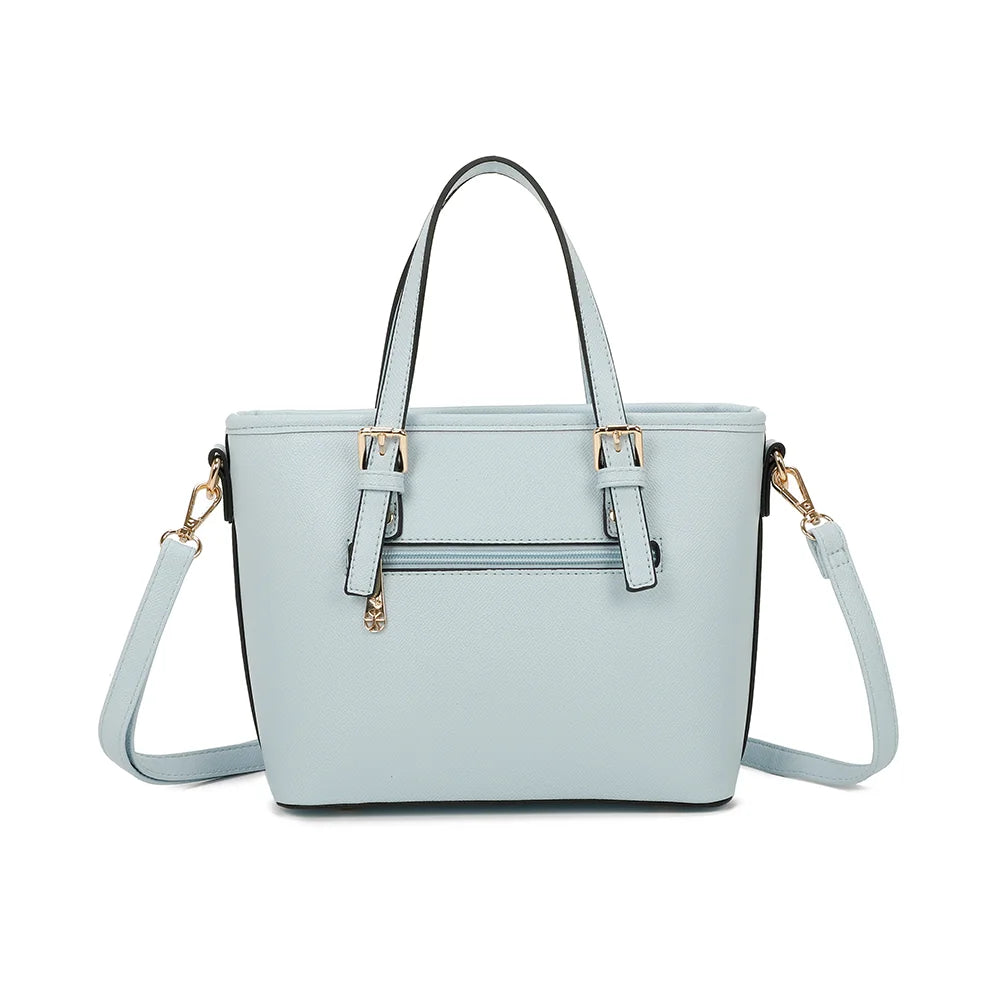 Dos du sac Veya bleu clair, forme structurée et surface synthétique à fine texture saffiano – réf. M-9426