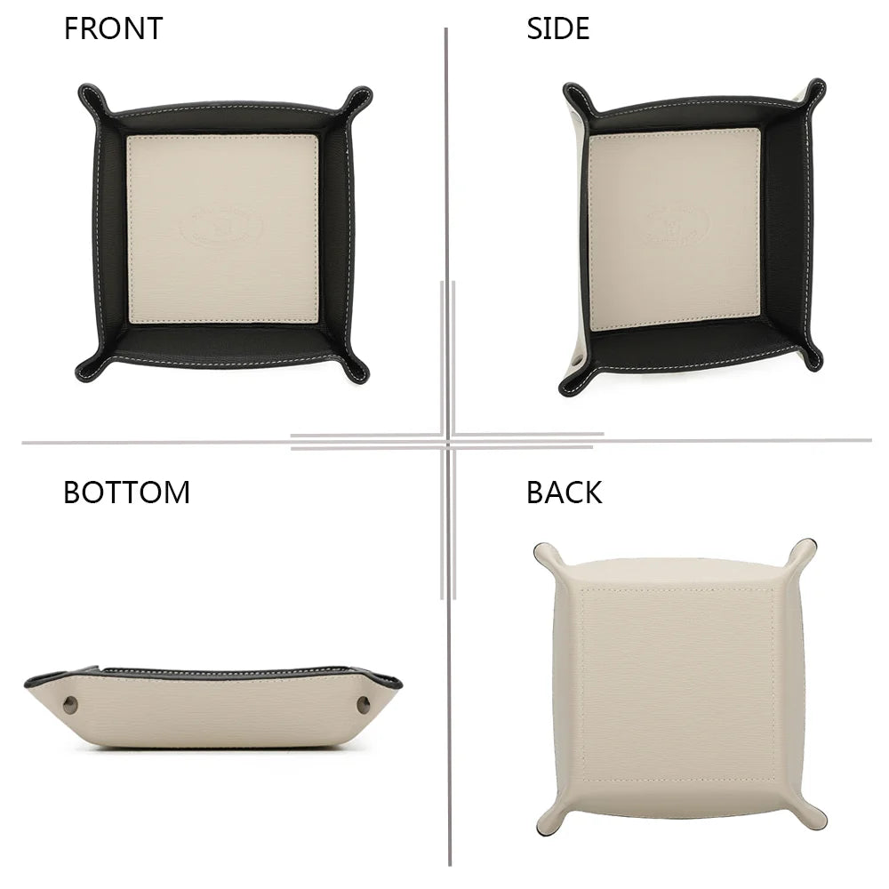 Vide-poche Vegan beige sous quatre angles : face, profil, dessous et dos pour voir chaque finition – réf. R-1703