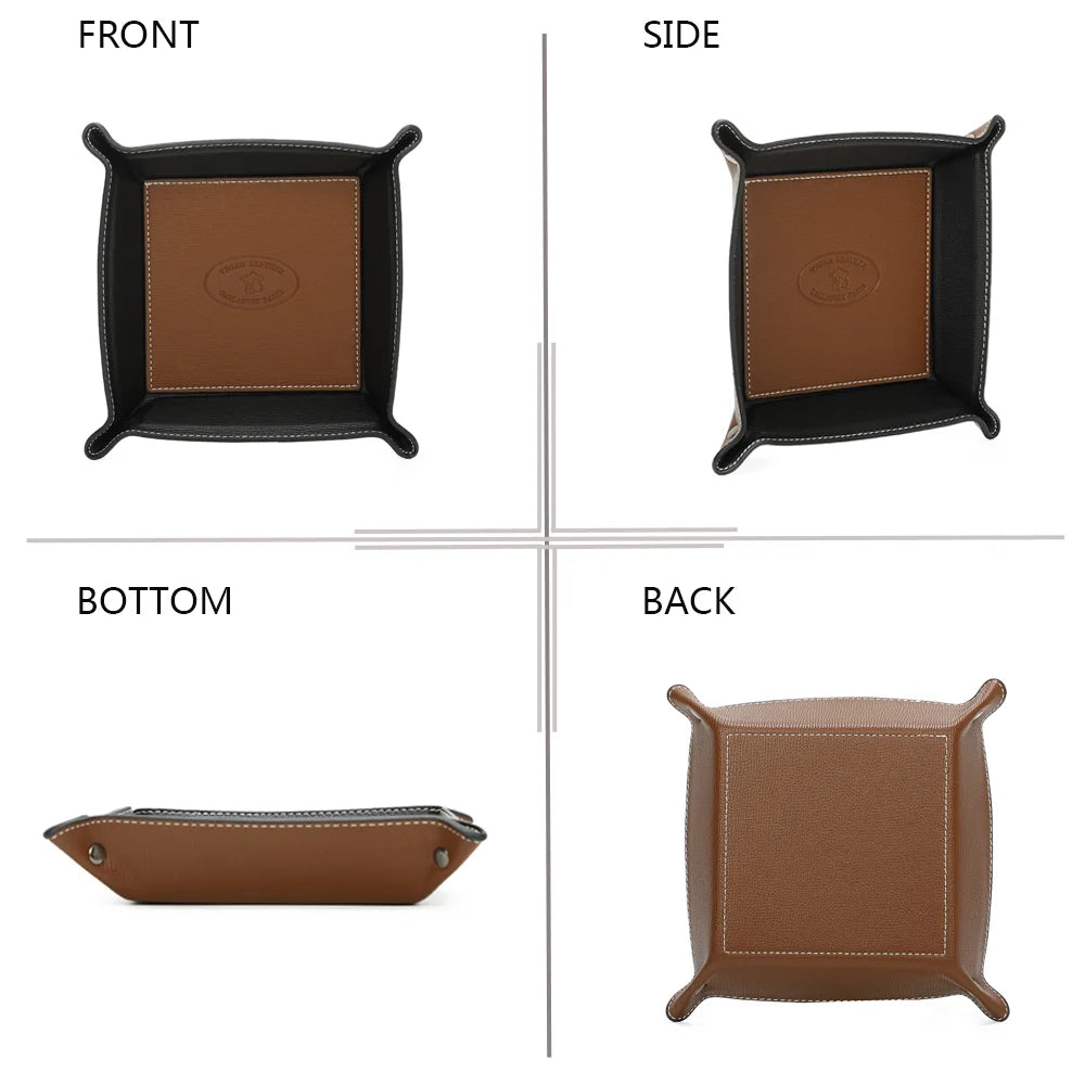 Vide-poche Vegan brun sous quatre angles : face, profil, dessous et dos pour voir chaque finition – réf. R-1703