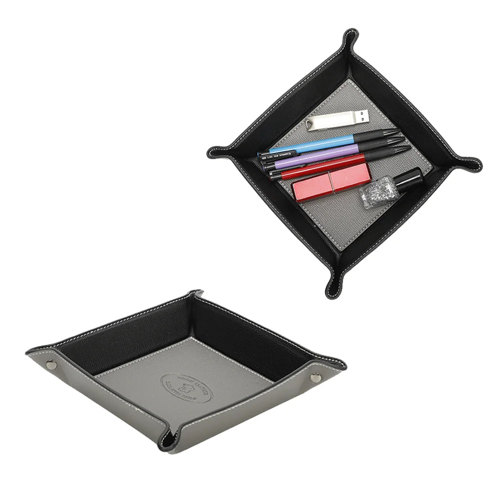 Vide-poche Vegan gris foncé garni de stylos, d’une clé USB et d’un rouge à lèvres, bords repliables à pressions – réf. R-1703