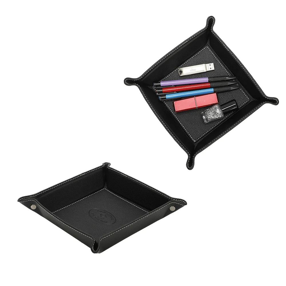 Vide-poche Vegan noir garni de stylos, d’une clé USB et d’un rouge à lèvres, bords repliables à pressions – réf. R-1703